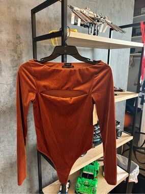 Urban Outfitters Rust Brown Long Sleeve Velvet Cutout Bodysuit